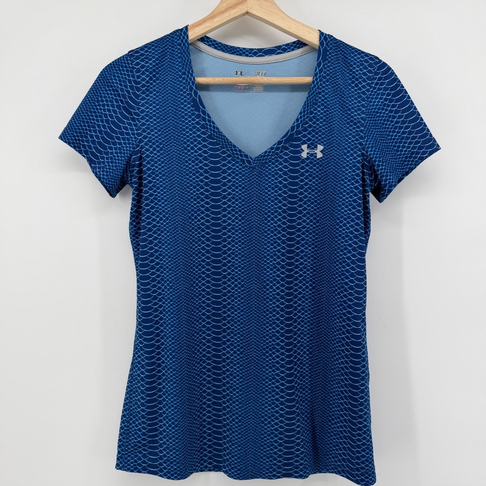 Under Armour Top Women's Small Blue Heat Gear V-Neck Snakeskin Activewear shirt